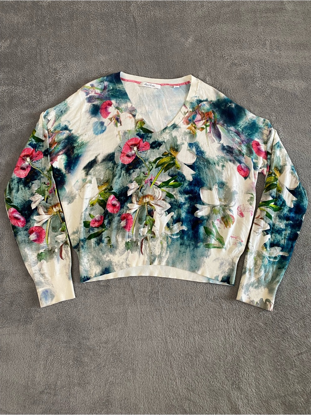 Robert Graham Floral V-Neck Silk Cotton Sweater XL Watercolor Artsy Grandmacore
